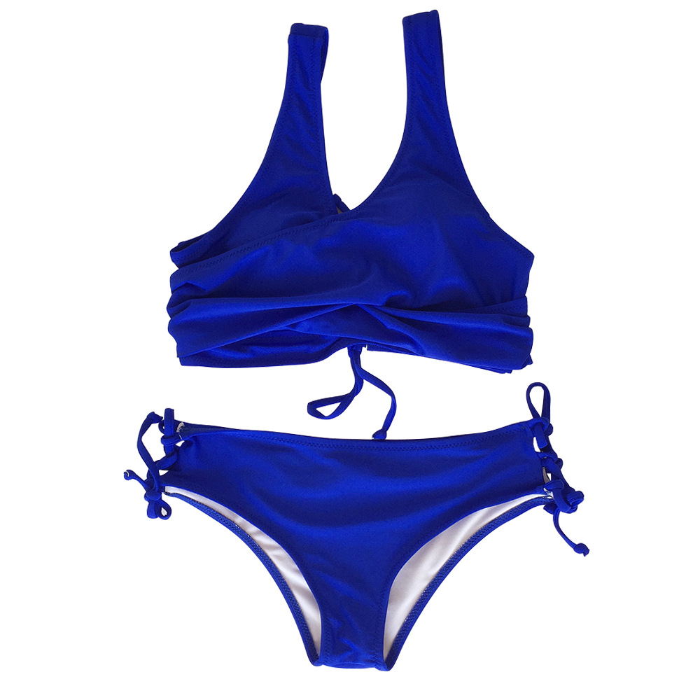 2019年新款挂脖比基尼 纯色胸前交叉沙滩运动分体泳衣 5色现货