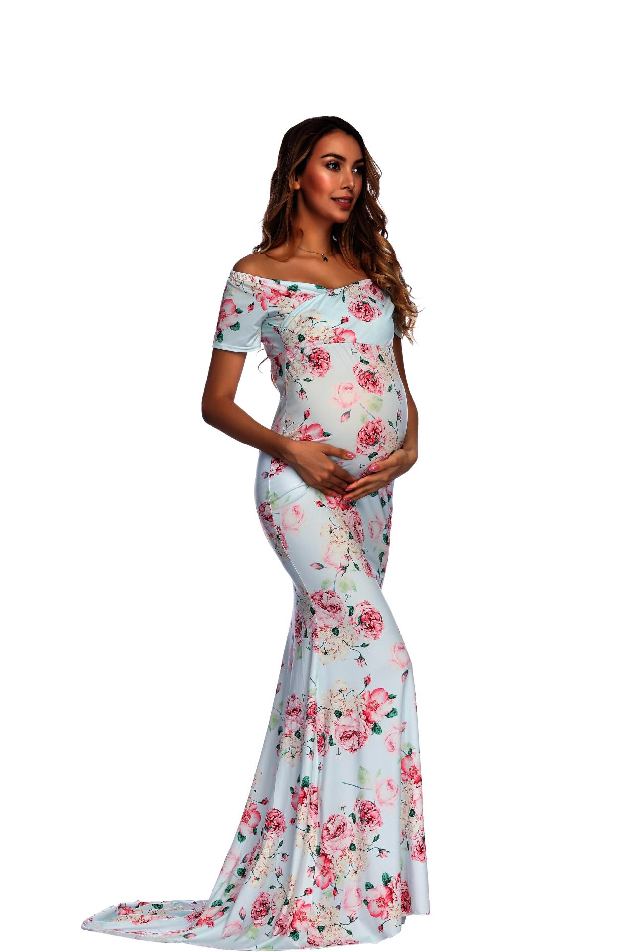 欧美外贸印花孕妇拍照交叉v领短袖孕妇拖尾长裙写真留恋长裙8911