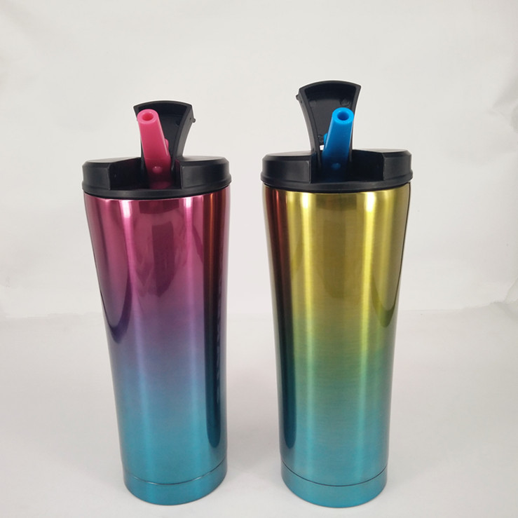 折叠吸管杯渐变保温杯双层真空不锈钢汽车杯咖啡杯
