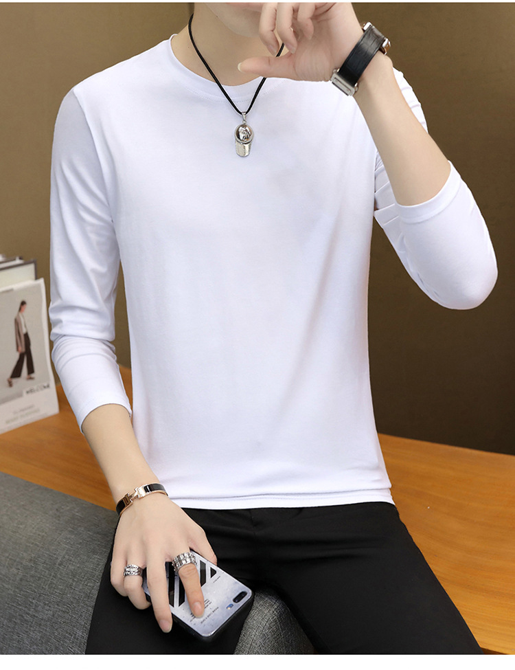 男士长袖t恤2019春季圆领修身青年纯色薄春秋纯白秋衣体桖打底衫