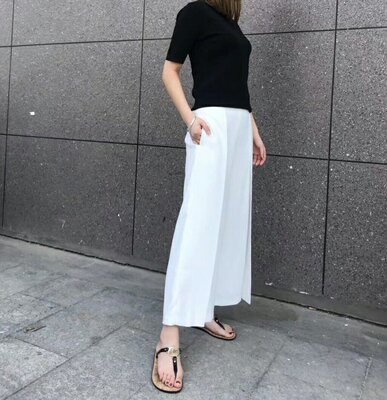 外贸出口新款抗皱垂感白色九分阔腿裤 显瘦女式九分阔腿裤