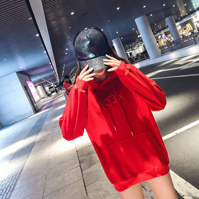 实拍新款韩版潮学生bf红色超火卫衣宽松款连帽秋冬刺绣9577