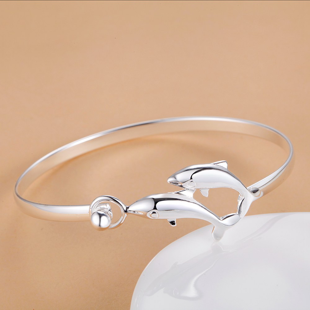 银手镯批发 银饰双海豚手镯 外贸经典货源混批 韩版潮流百搭手饰