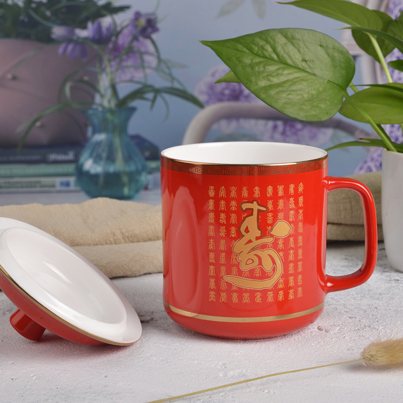 红色杯具复古陶瓷杯喜庆祝寿将军杯百寿送礼馈赠茶杯喝水杯子刻字