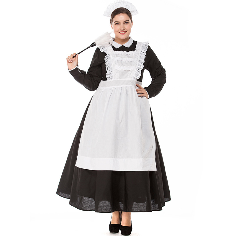 胖人装 黑白城堡女仆 成人传统女佣女仆菲佣扮演服装 出口亚马逊