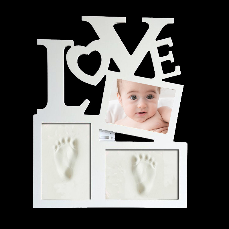 创意三格实木相框宝宝手足印泥Love木质手印泥婴儿脚印套装纪念品