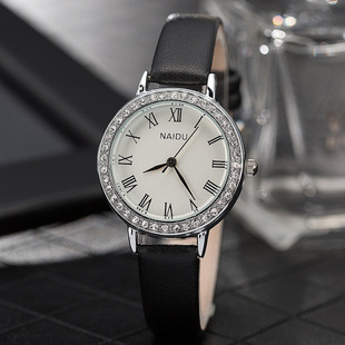 爆款圆形pu带时尚手表带钻大表盘腕表 经典女士时装手表 厂家直销