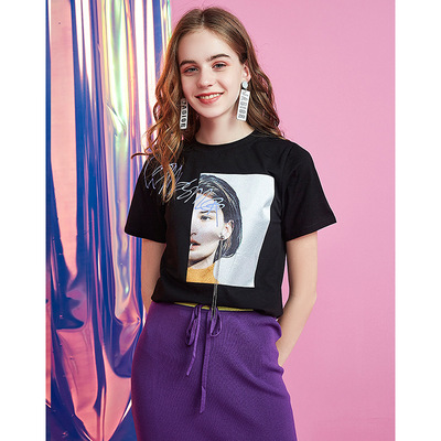 【韩米简】夏季新款女装圆领宽松体恤韩版头像上衣短袖t恤女批发