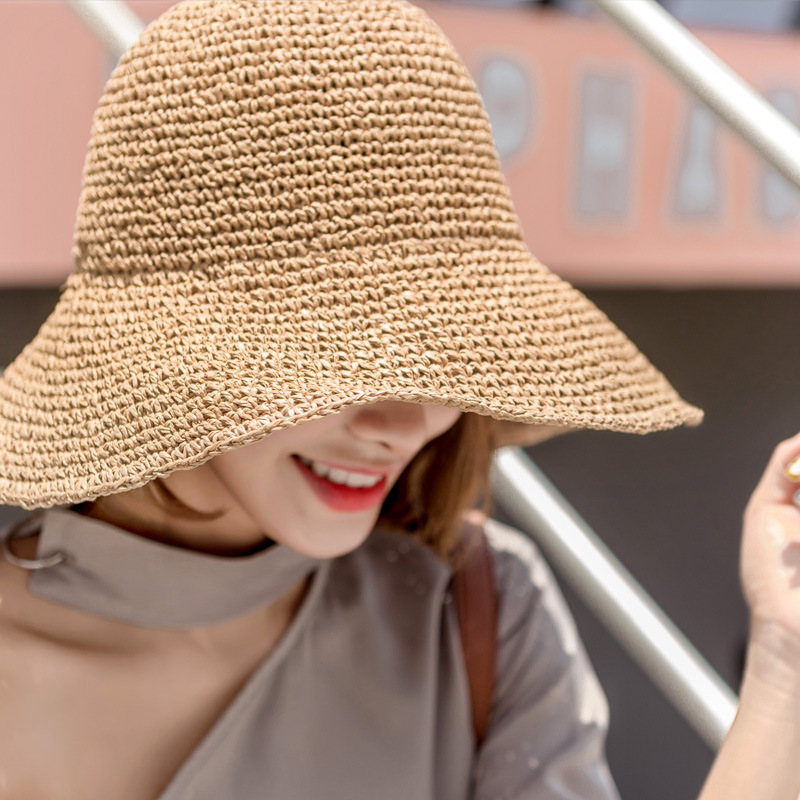 Wide Brim Handmade Crochet Sunshade Straw Hat Female Summer Sun-Proof Bucket Hat Folding Beach Hat Seaside Vacation Sun Hat