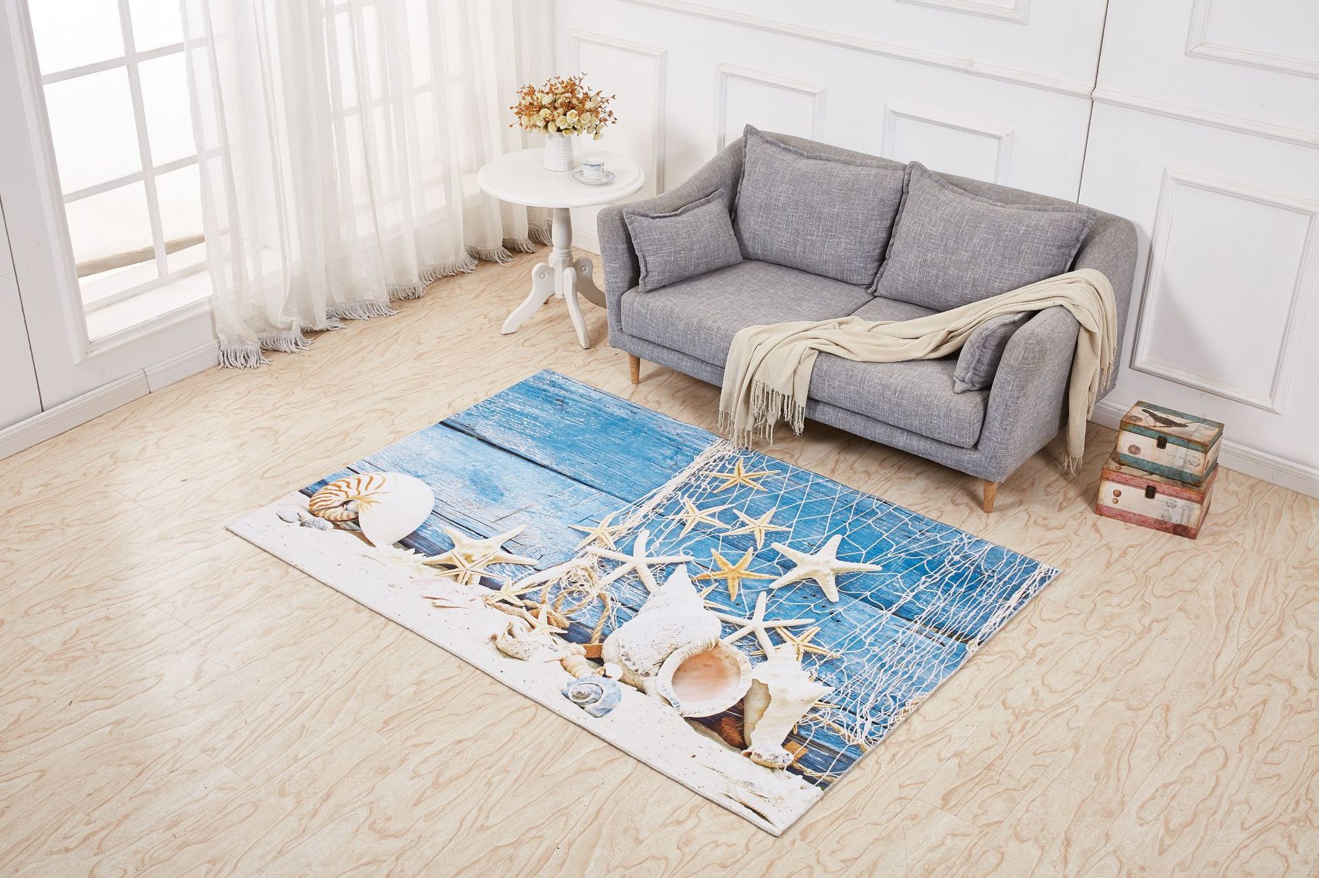 水晶绒长方形地中海风格地毯客厅卧室茶几床边地毯印花门厅地垫