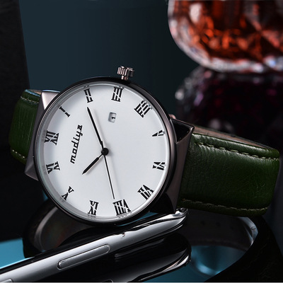 modiya爆款超薄日历皮带手表男 时尚防水男士手表 石英表厂家批发