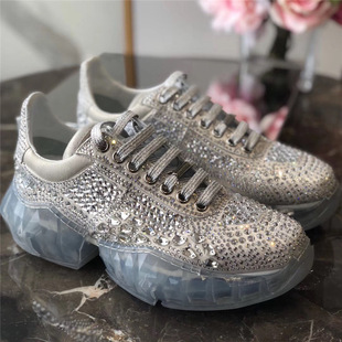 2019款水钻老爹鞋女银色满钻透明底水晶鞋系带松糕厚底运动鞋