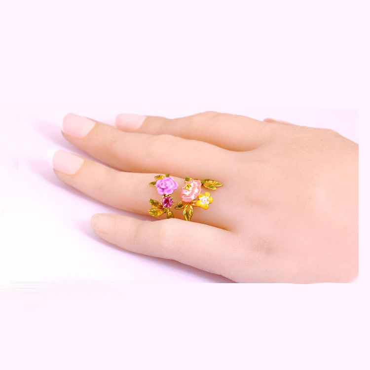 原创工艺品民族风镶钻手工珐琅花朵开口可调节指环戒指女工厂批发