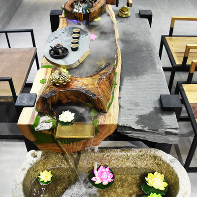 流水茶台禅意功夫茶几茶桌椅组合香樟木简约现代实木创意流水茶桌