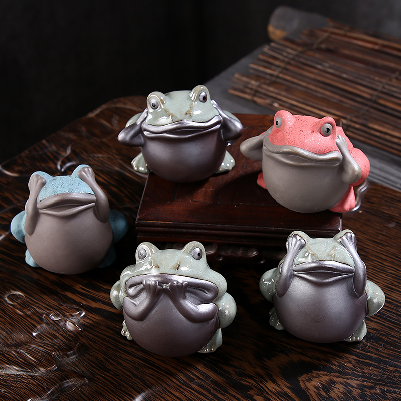 陶瓷动物茶宠摆件金蟾彩砂紫砂青蛙公仔功夫茶具配件茶盘花园摆设