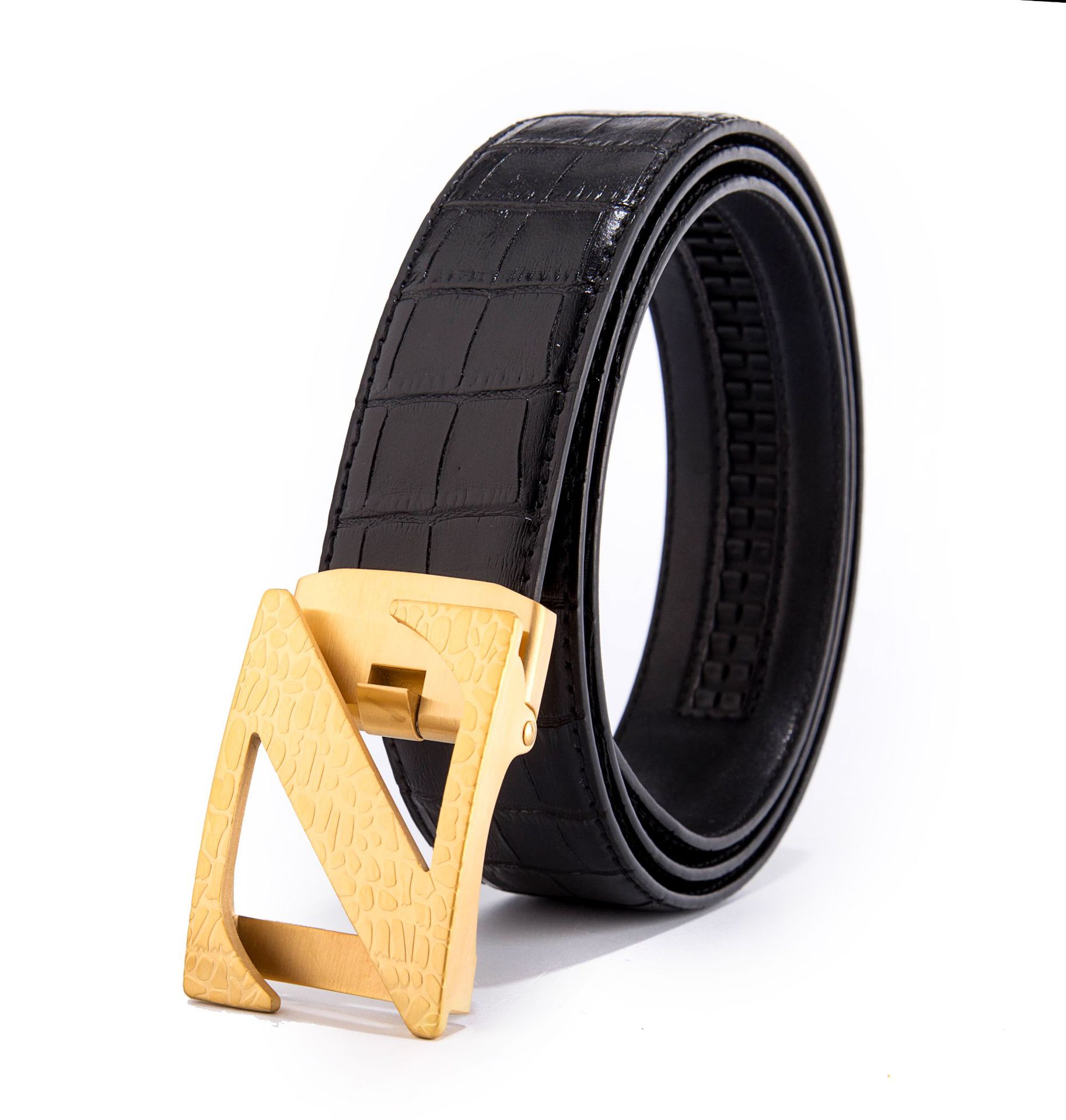 男士不锈钢扣头真皮腰带 原版压花进口头层牛皮自动扣皮带