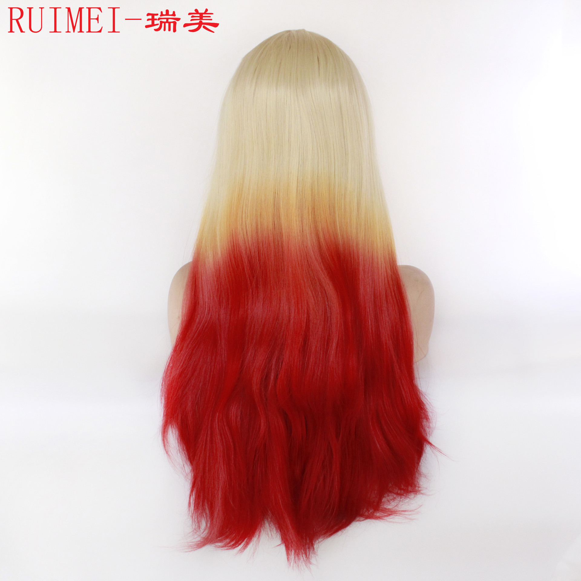 欧美时尚三色浅金色渐变黄色渐变红色长发cos假发 化纤前蕾丝假发