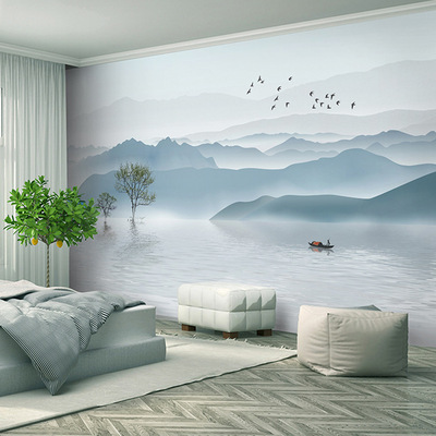 新中式水墨画山水客厅电视背景墙壁纸现代无缝壁画影视墙布装饰