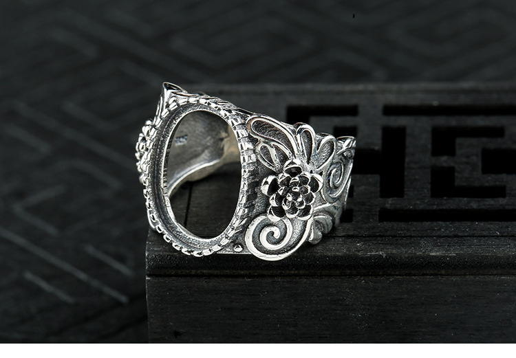 s925纯银玫瑰花朵戒托女款戒指空托 镶嵌蜜蜡琥珀绿松石戒托12*16