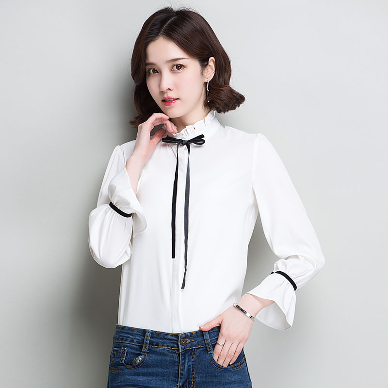 2018春季新款女装时尚韩版衬衫木耳领系带喇叭袖长袖显瘦女士上衣图片