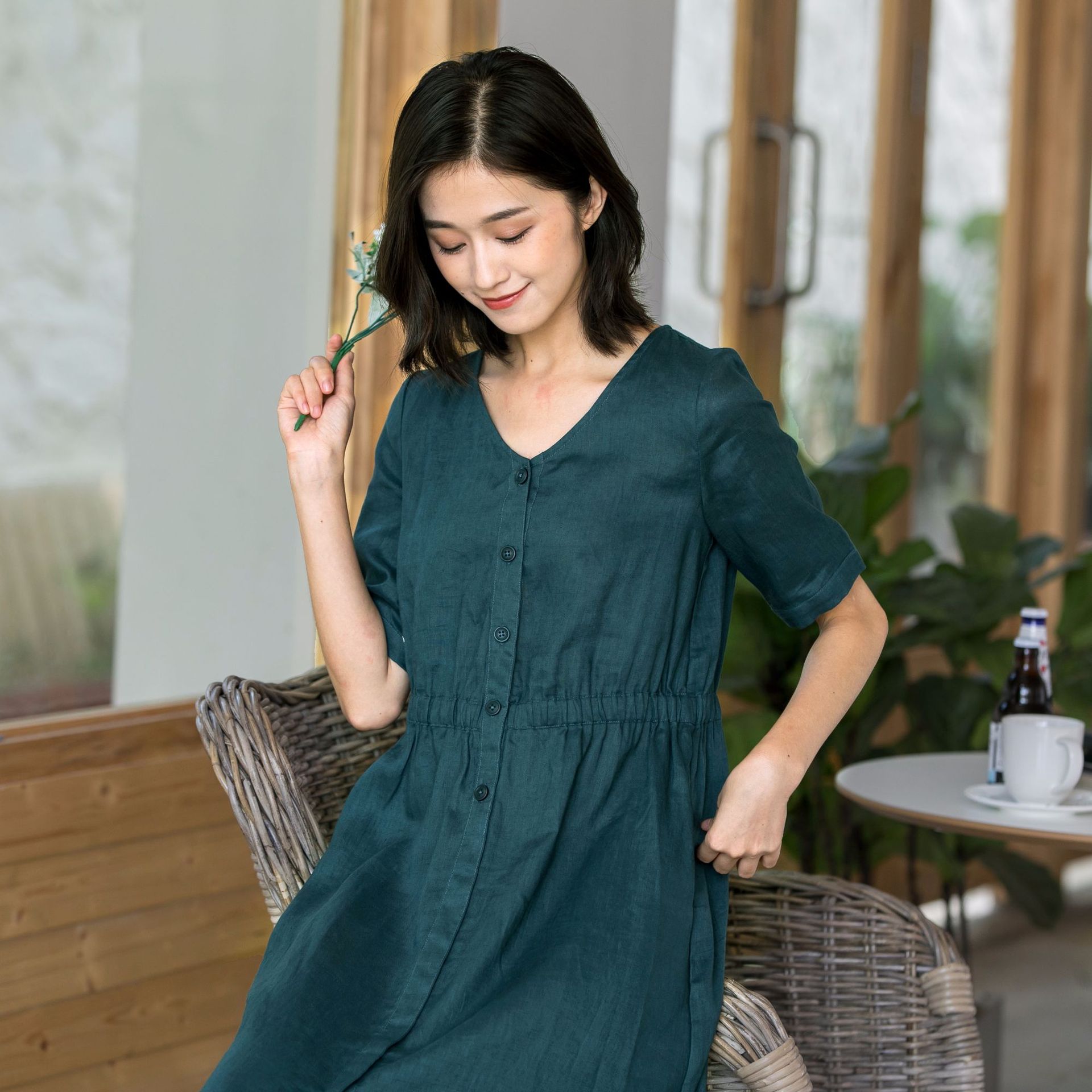 文艺原创棉麻女装2018秋季新款亚麻五分袖宽松开衫连衣裙v领长裙
