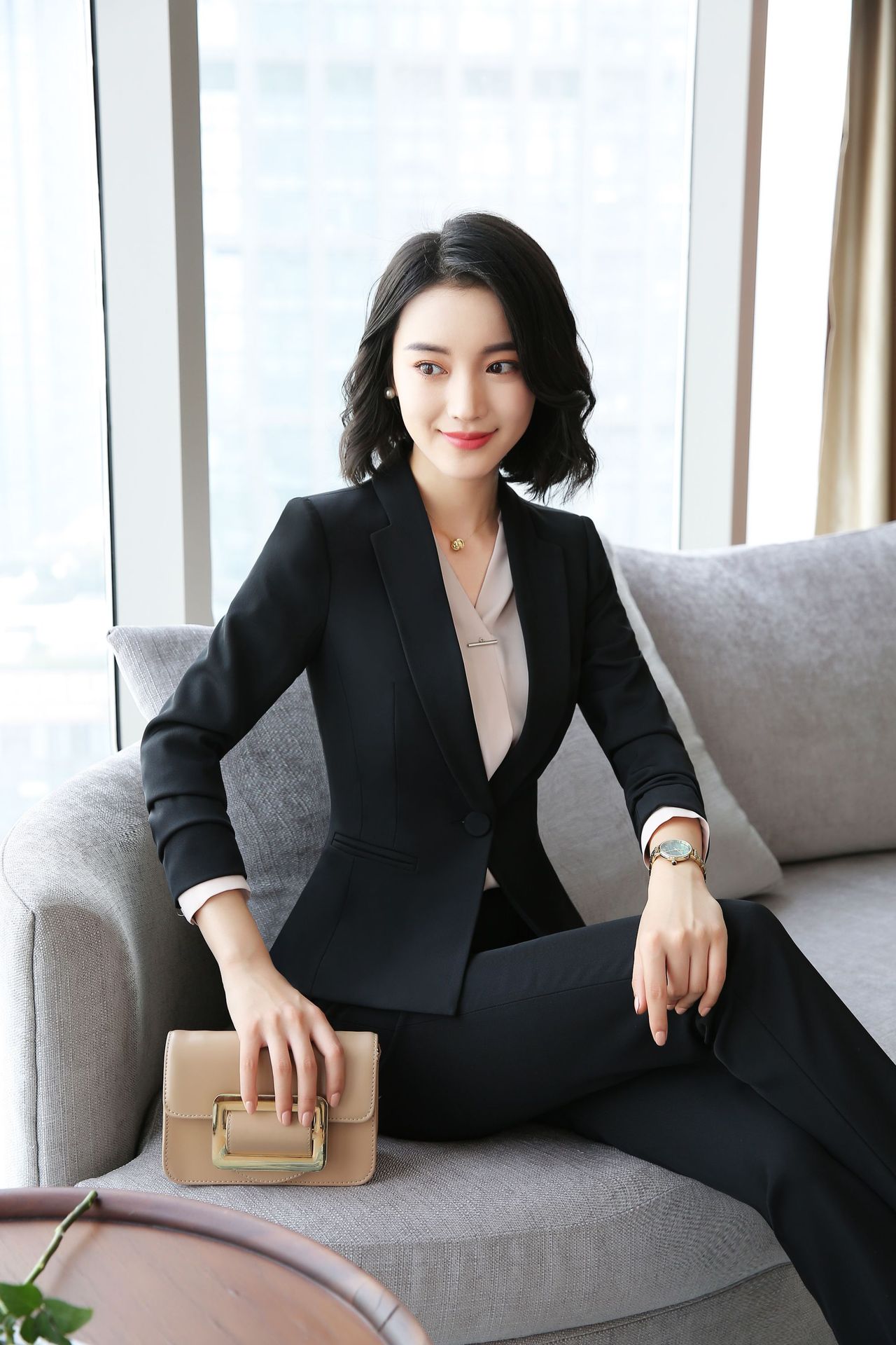秋冬长袖职业女套装 时尚韩版简约通勤修身面试职业套裤工作服