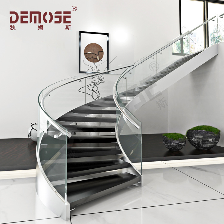 弧形玻璃楼梯栏杆 弧形玻璃扶手 不锈钢楼梯扶手 预埋弧形钢板