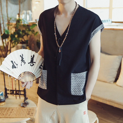 中式汉服夏装民族风拼接v领功夫背心汗衫大码中国风亚麻无袖t恤男