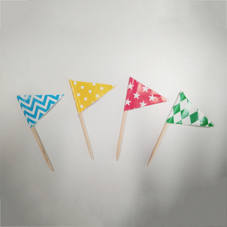 批发彩色三角形小旗签水果装饰牙签蛋糕签牛排汉堡签插签插旗50支
