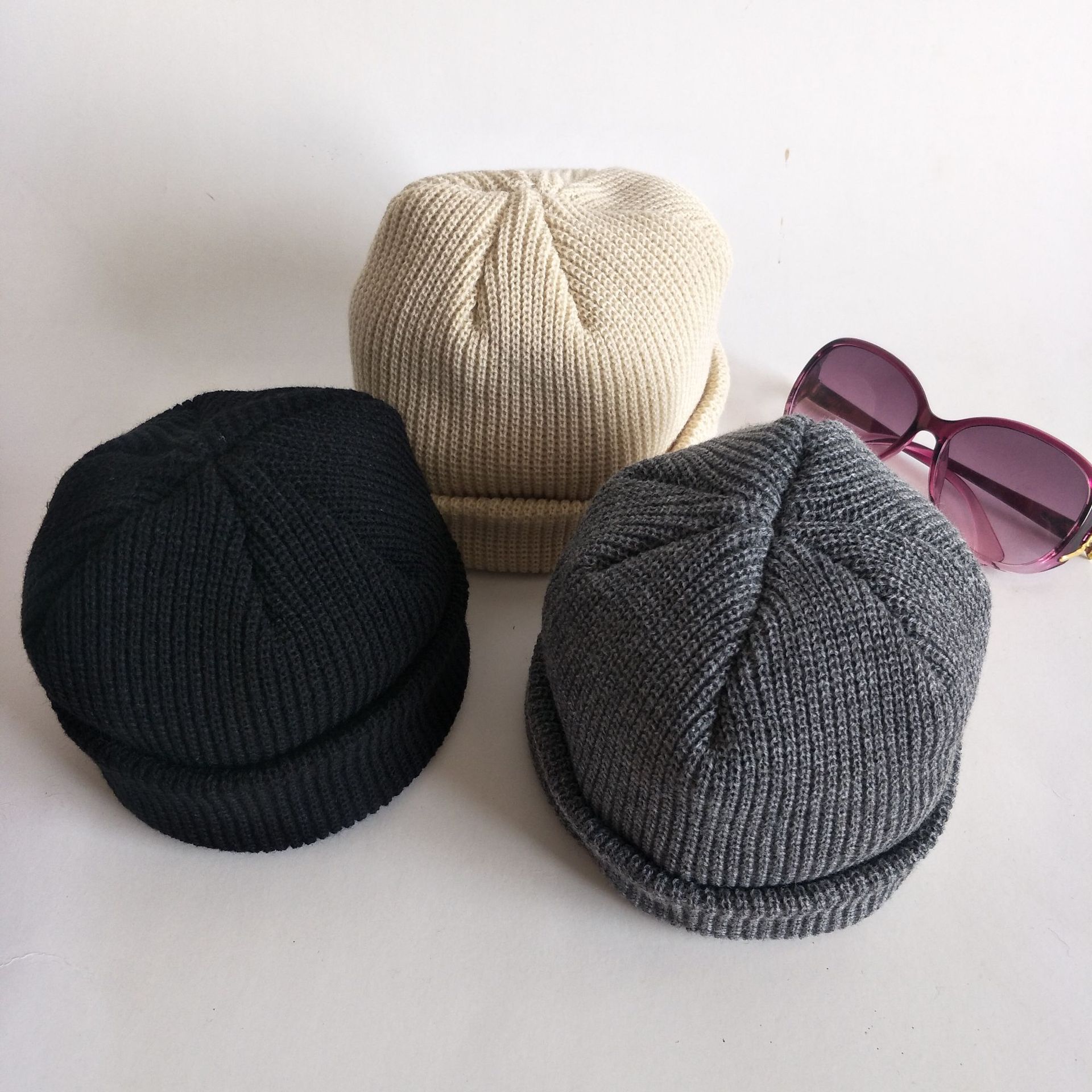 韩版男女新款地主帽原宿街头潮复古纯色瓜皮帽冷帽针织毛线帽子潮