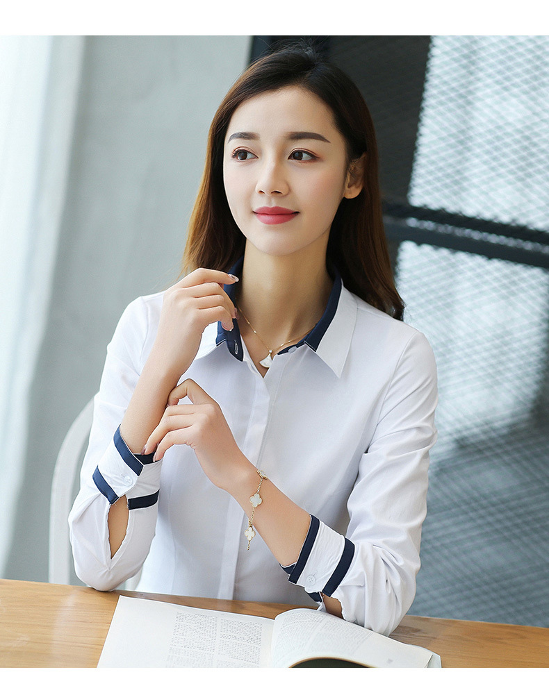 2018春秋新款长袖女衬衫棉职业工装白领衬衫修身韩版撞色拼接显瘦