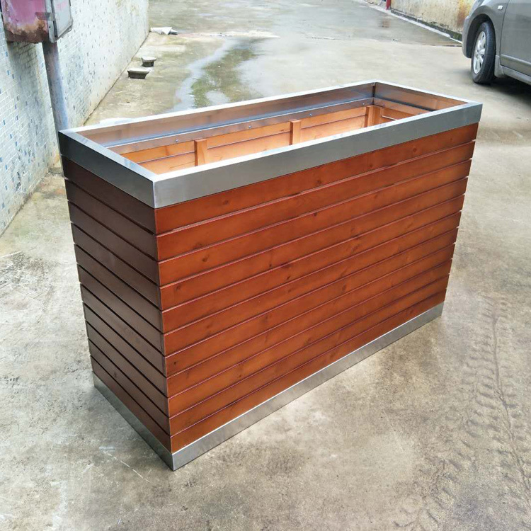 厂家定制不锈钢包边花箱 户外方形实木花箱 高低组合摆花花箱