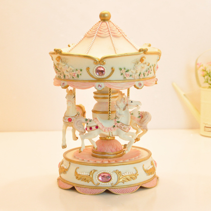 粉/蓝色中号加灯旋转木马音乐盒 生日礼物女生闺蜜创意八音盒