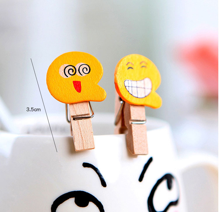 10个装可爱卡通木质夹子笑脸表情小夹子照片票据夹便条便签夹