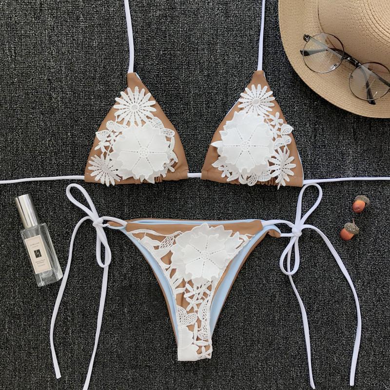 2018款欧美ins网红爆款热销亚马逊分体蕾丝花系绳纯色比基尼泳衣