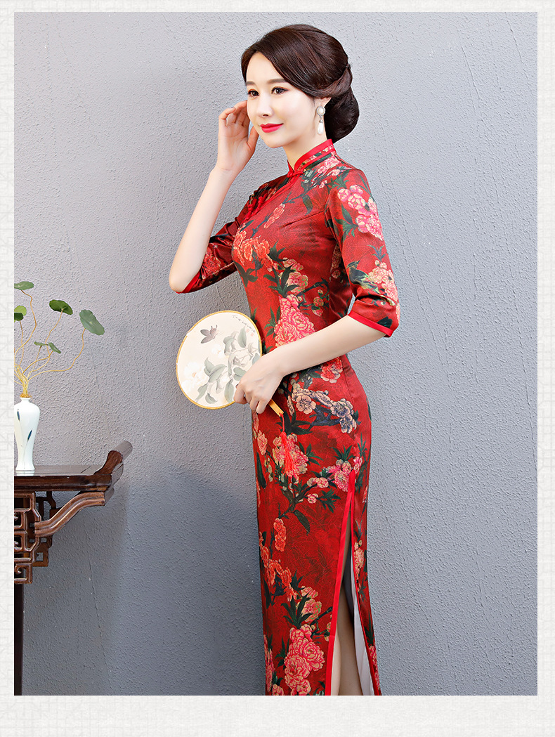 yg8352中袖大码丝绸改良复古长款旗袍