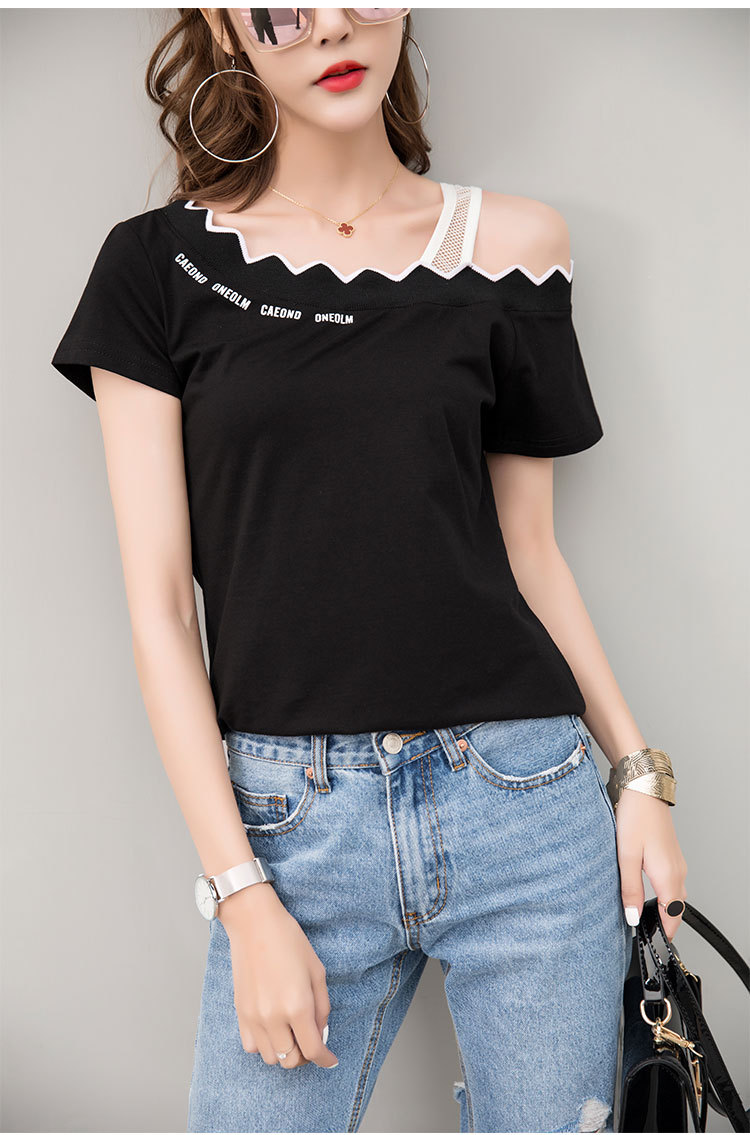 一字领露肩t恤夏季短袖韩版宽松小清新甜美少女斜肩小露香肩上衣