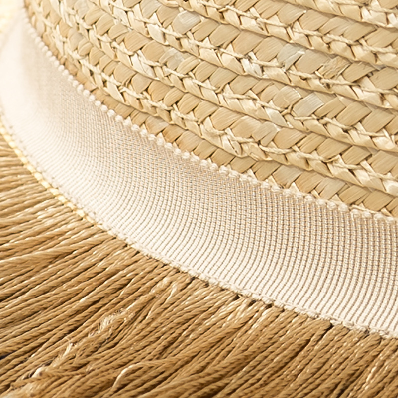 新款流苏拼色天然麦秆草平顶礼帽春夏户外旅游防晒平顶草帽