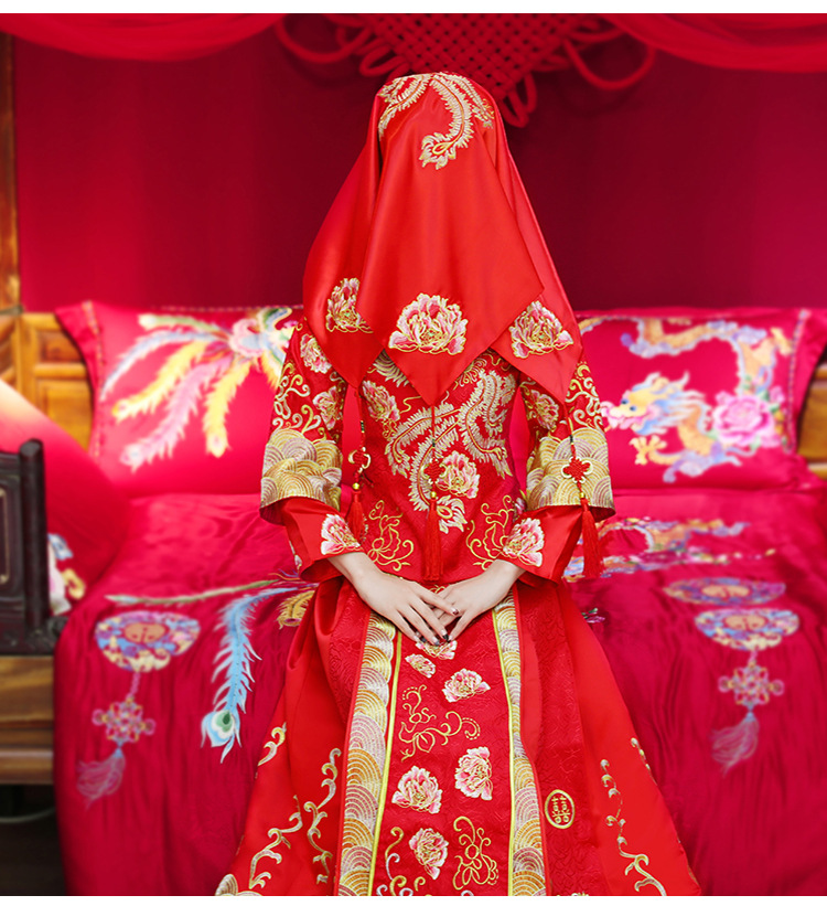 红色2021中式流苏红色盖头刺绣新款古典结婚秀禾服红色喜帕新娘