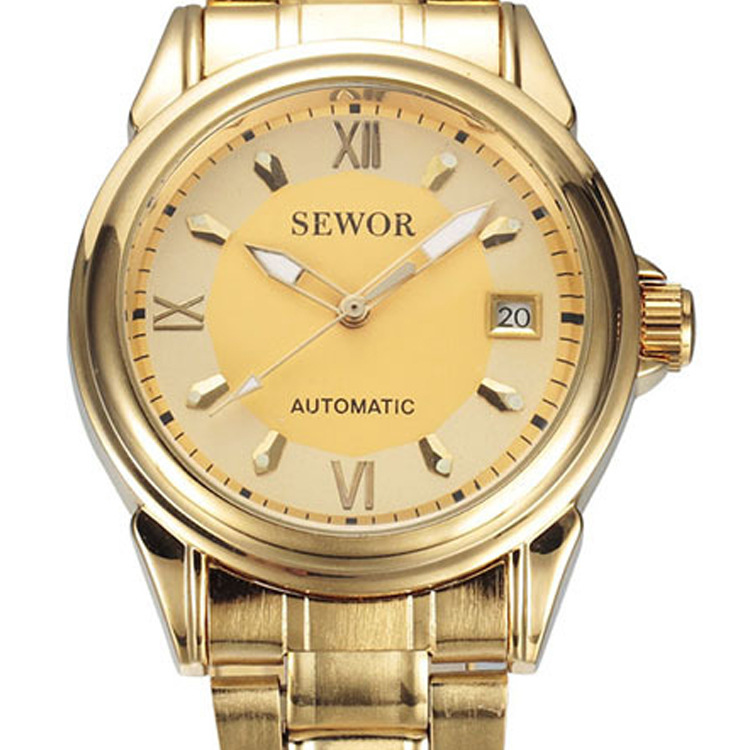 新款男士休闲腕表 不锈钢sewor合金表带机械表 普通玻璃镜面手表