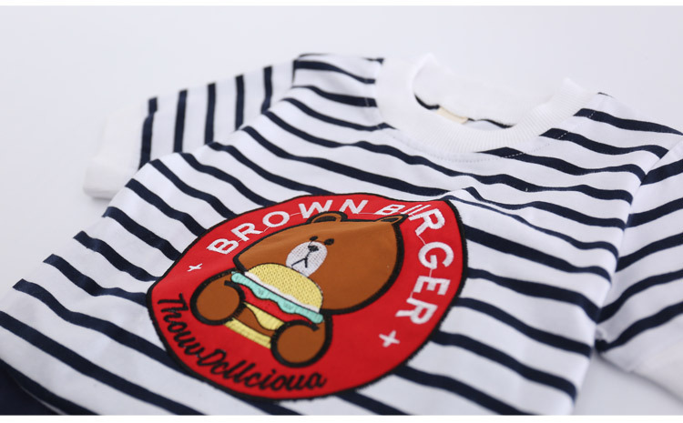 韩版童装夏季2018新款布朗熊条纹男女童t恤短袖儿童套装一件代发