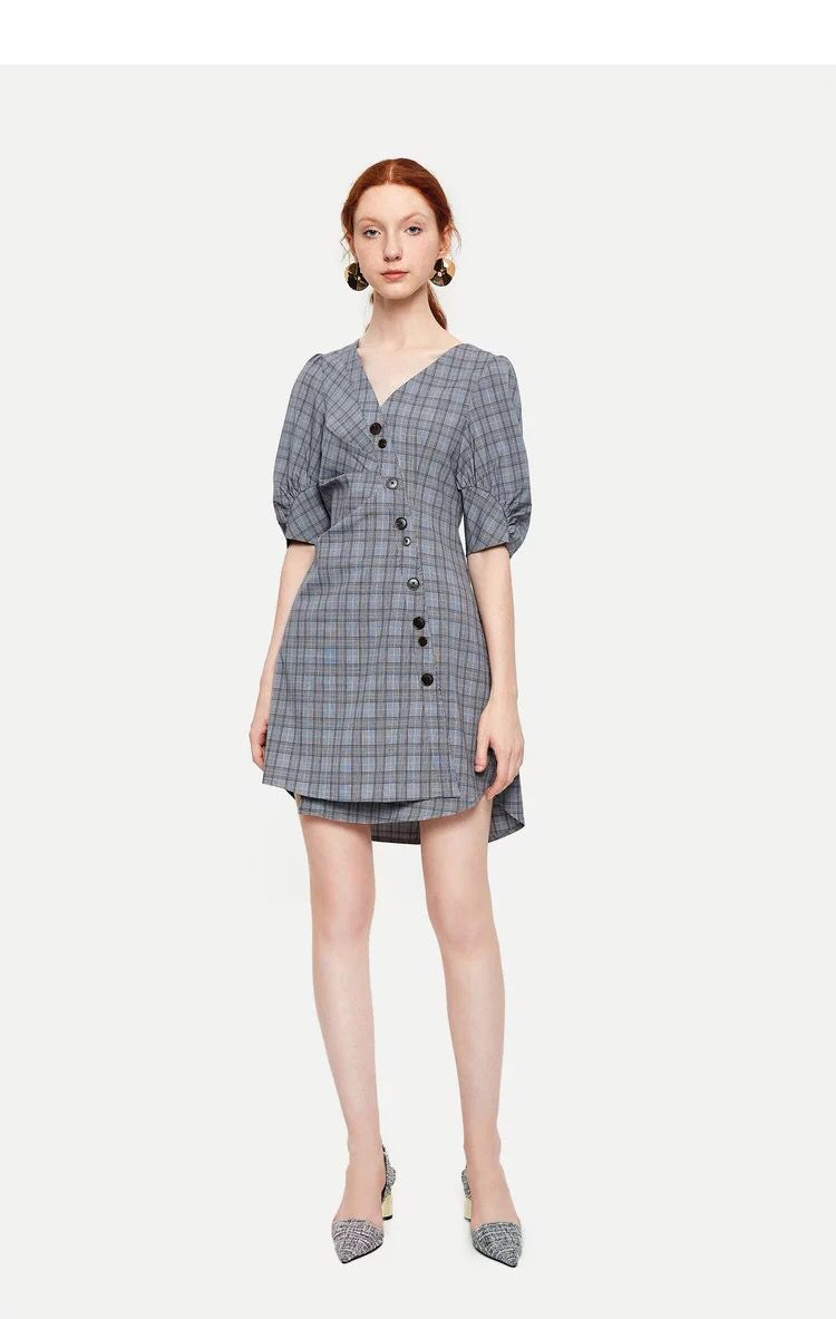 2018春夏新款都市格纹泡泡袖v领x型连衣裙 女士灰色裙子 njn1257