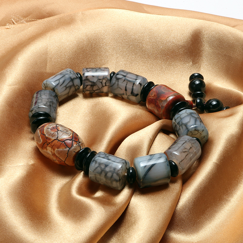 天然冰裂纹玛瑙天珠手串带三通 藏式三眼玛瑙男士手串龙纹手链new