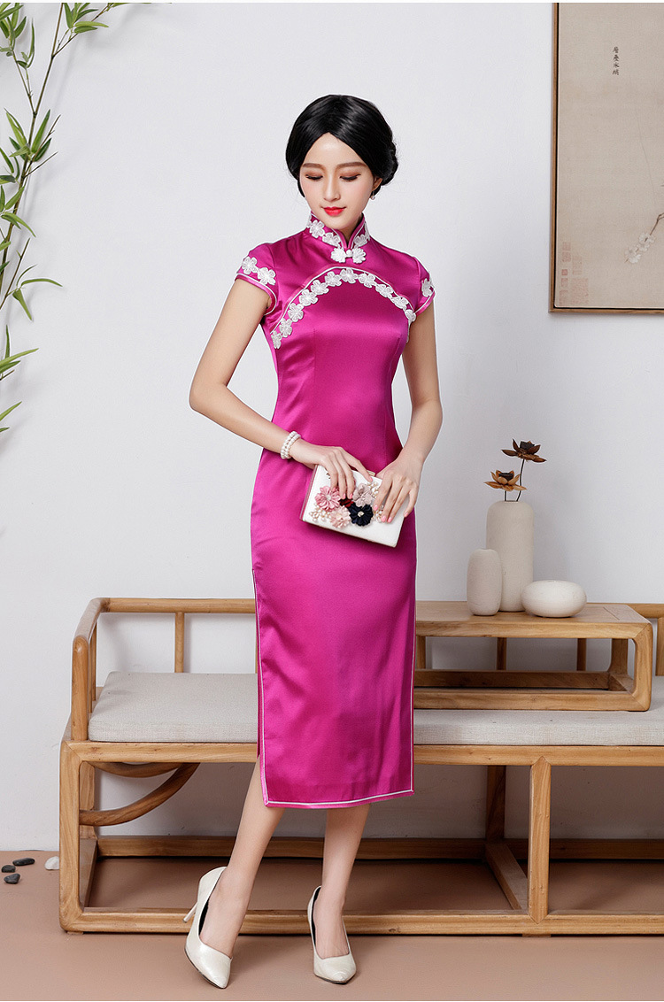 倾城粉黛优雅定制新款改良时尚真丝中长款旗袍裙日常复古女士修