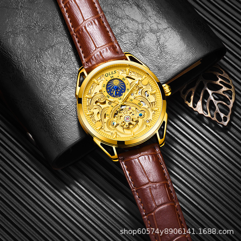 qlls新款男款金色皮带表品牌男士防水夜光全自动机械手表厂家批发