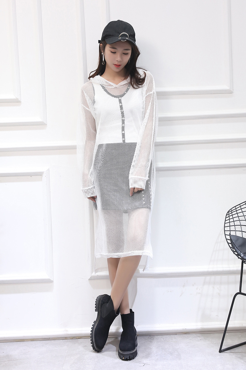 春夏外穿防晒连衣裙女长袖网状镂空网格罩衫连帽透视薄款渔网上衣