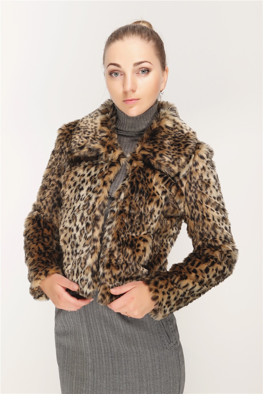 2020欧美皮草外套短款人造毛皮草女上衣豹纹翻领长袖皮草外套