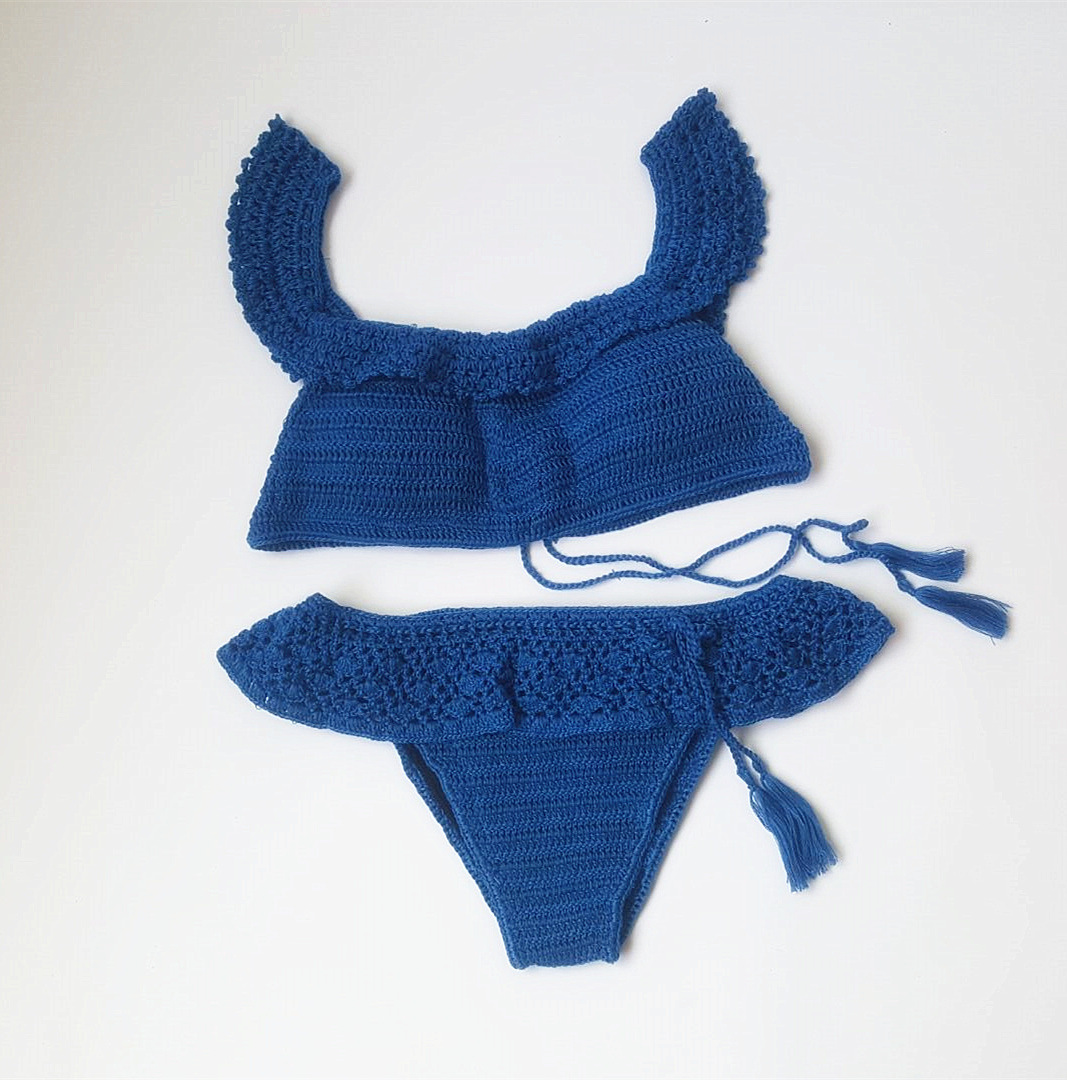 亚马逊热卖比基尼泳装钩针荷叶边女士分体泳衣大尺寸系带沙滩套装