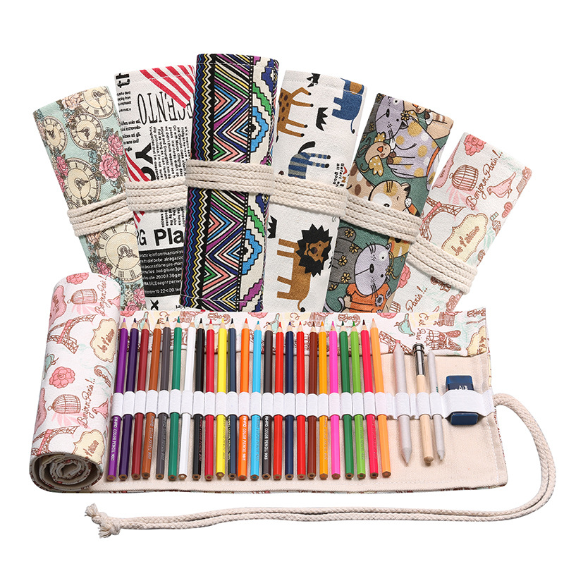 Handmade Canvas Pen Curtain 12/24/36/48/72 Hole Large Capacity Rolling Pencil Case Boys and Girls Color Lead Sketch Stationery Box