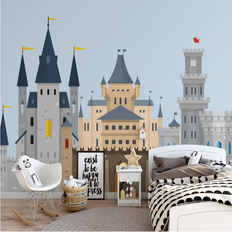 北欧极简卡通城堡儿童房背景墙壁纸男孩卧室幼儿园早教墙纸壁画